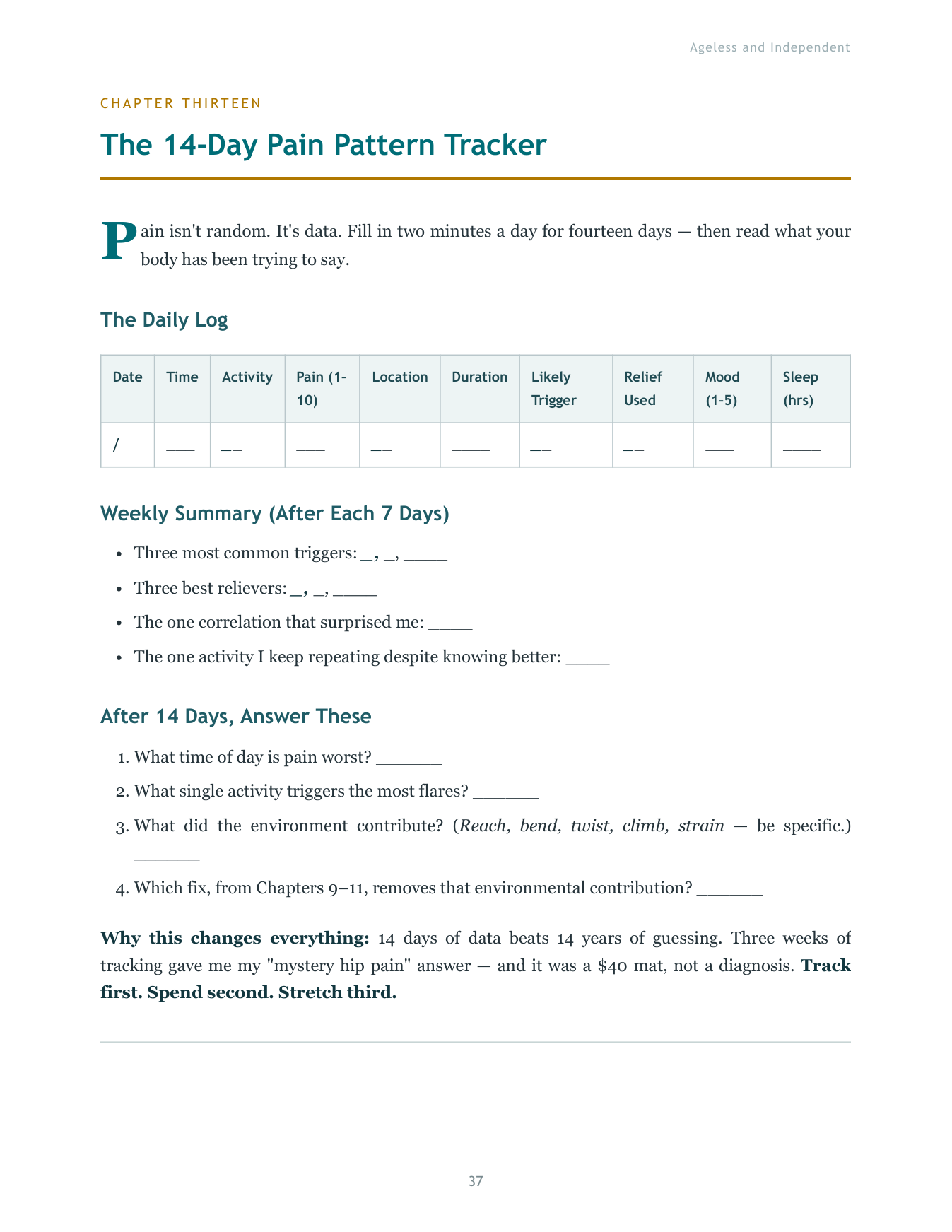 The 14 day pain pattern tracker from the guide